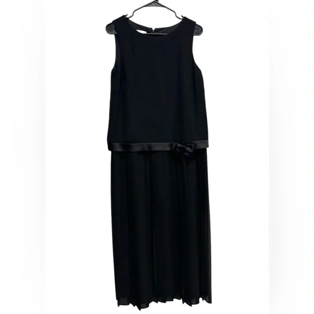 Talbots Black Pleated-Skirt Drop Waist Midi Dress with Bow Detail Size 8